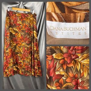 Y2K Vintage Dana Buchman 100% Silk Midi Skirt 14 Petite Fall Leaves Floral Mesh